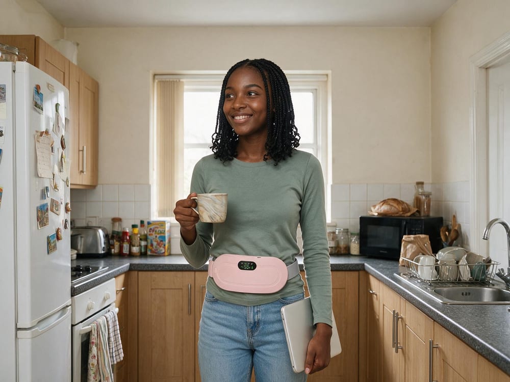 A woman standing in her kitchen with a mug and a laptop, wearing the heating belt