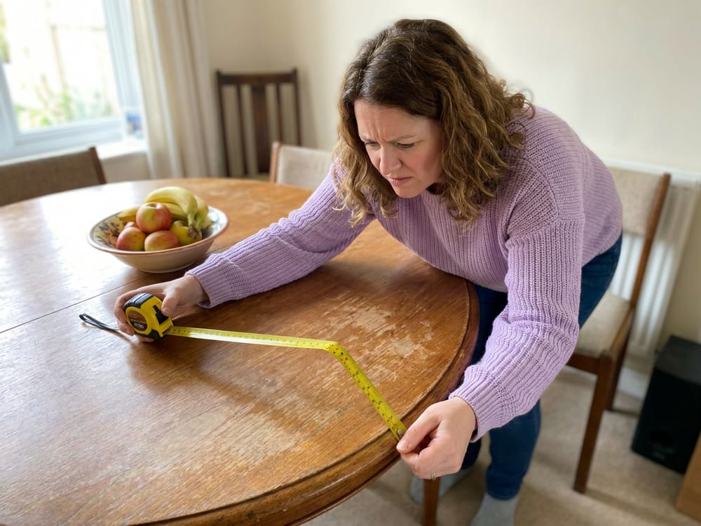 A frustrated woman struggling to hold a metal tape measure around a round table