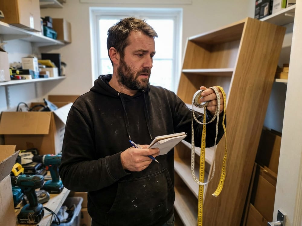A man juggling a metal tape, a soft sewing tape and a notepad for one simple job