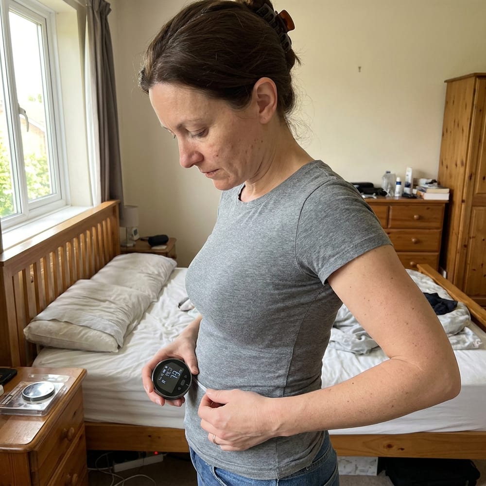 A woman rolling the digital ruler around her waist to take a body measurement