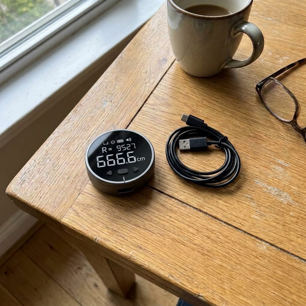 The digital ruler and its USB-C charging cable laid out on a table