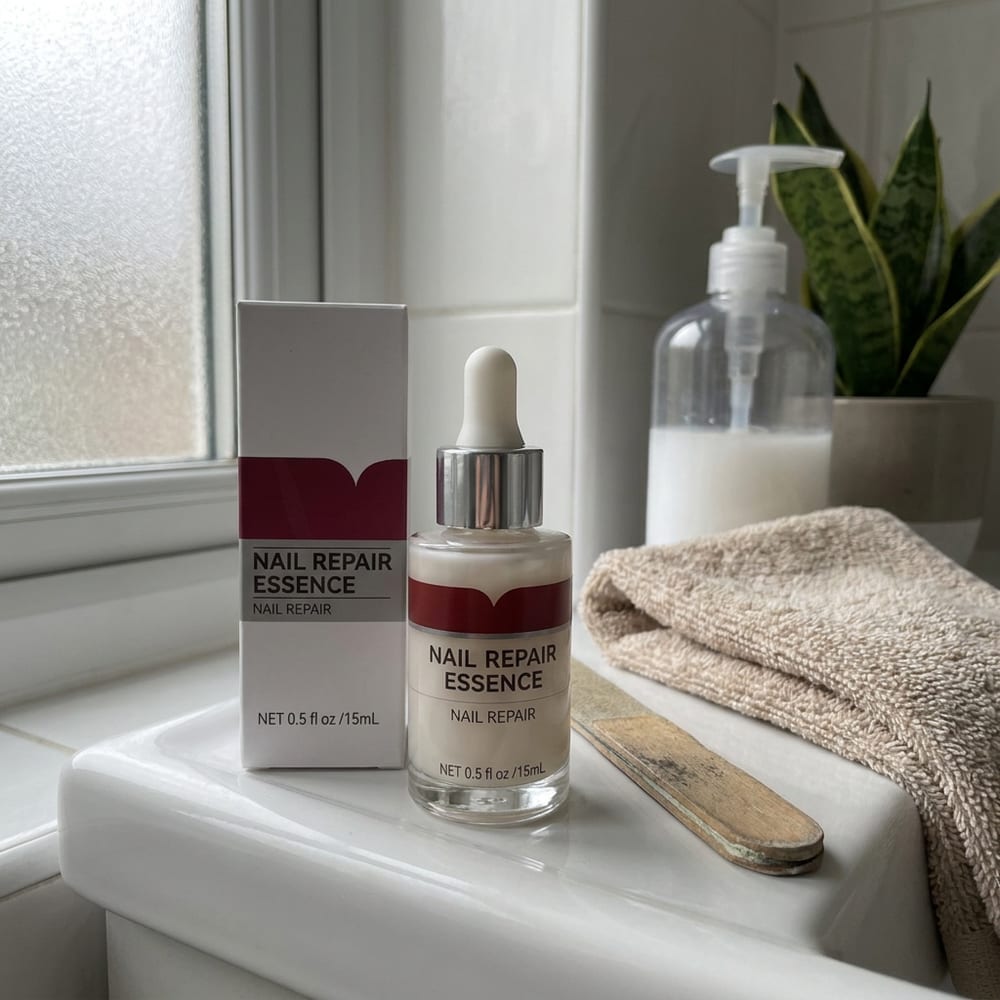 The nail essence dropper bottle next to its box