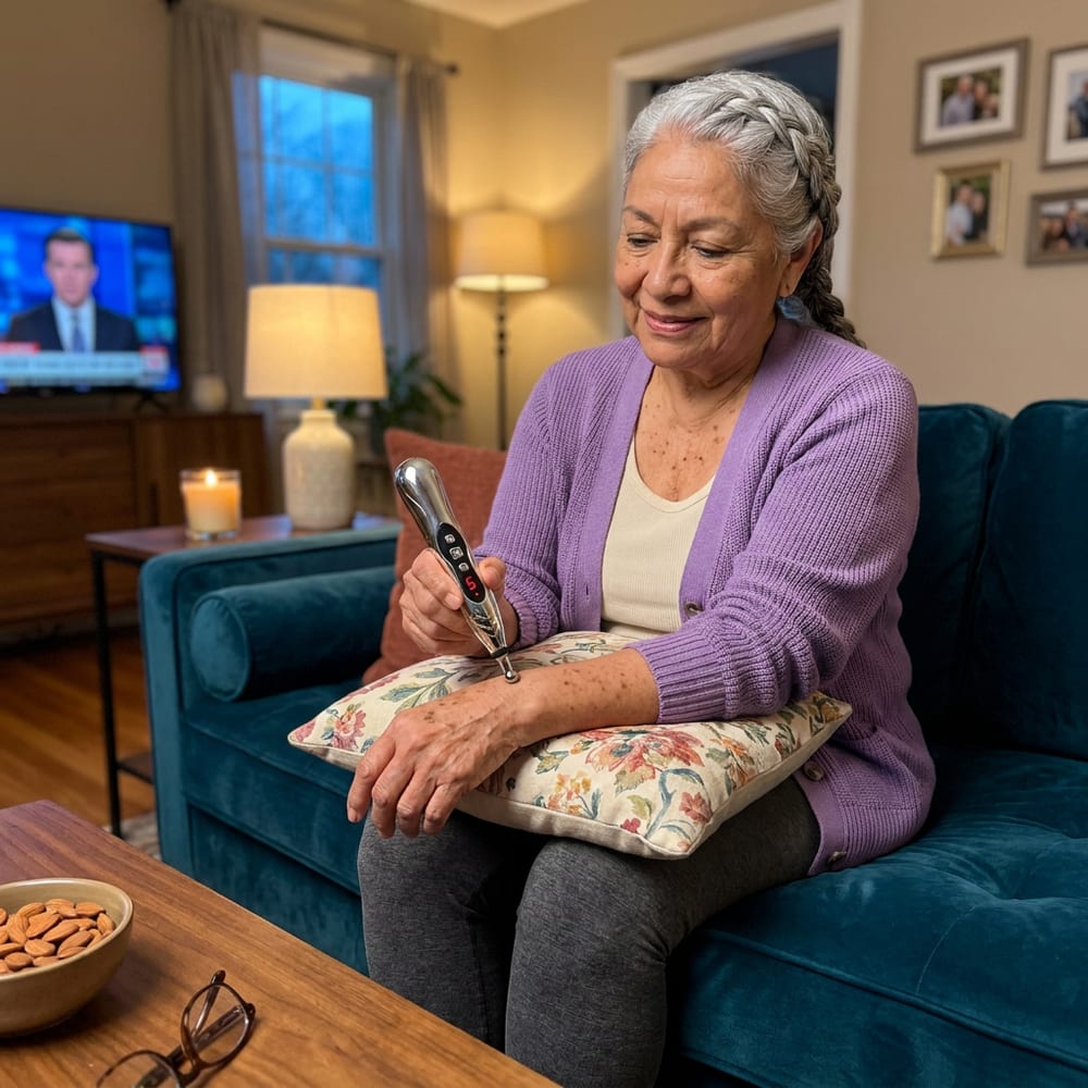 Woman sitting relaxed on her sofa at home using the PainFree Device on her hand