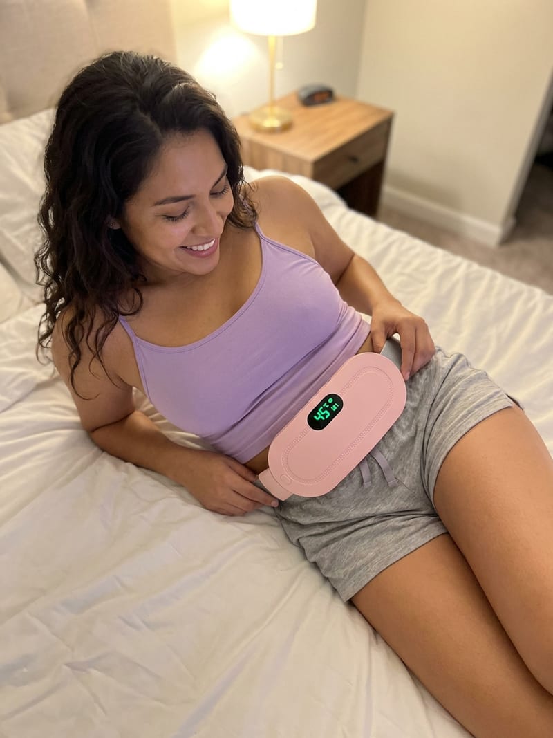 A smiling woman relaxing in bed wearing the pink heating belt around her waist