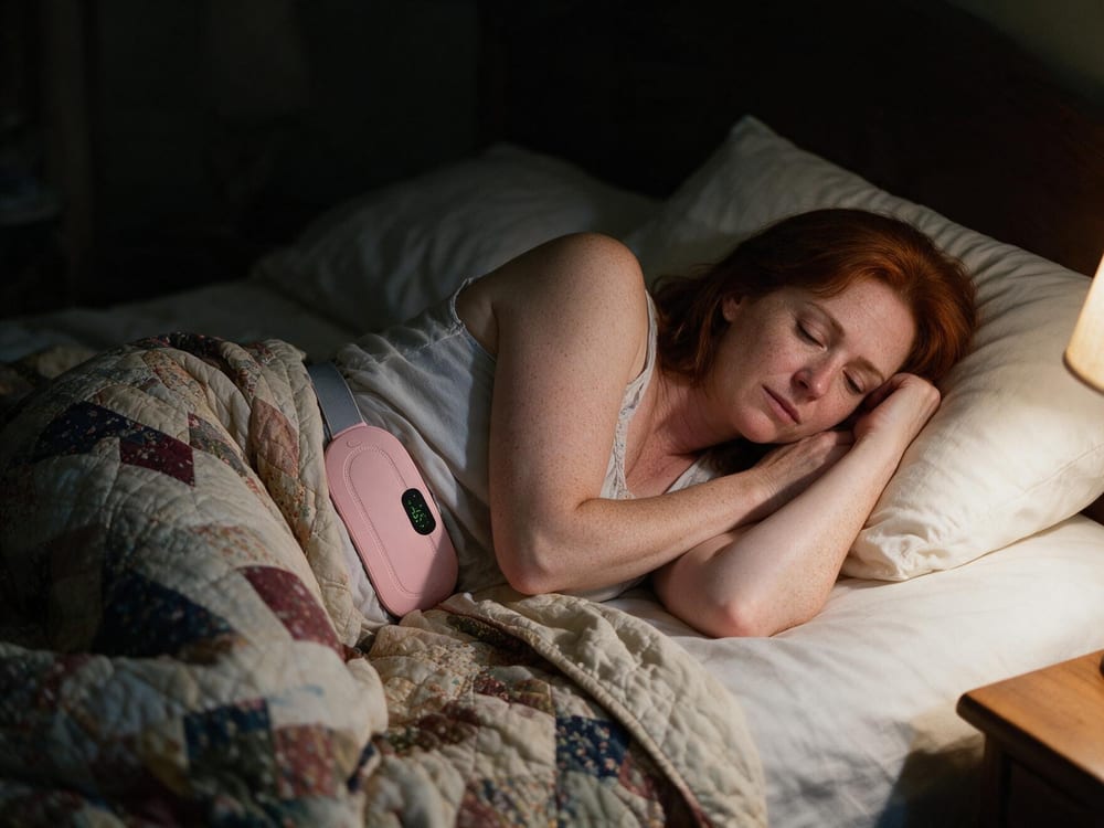 A woman curled up on her side in bed under a quilt, the heating belt around her waist
