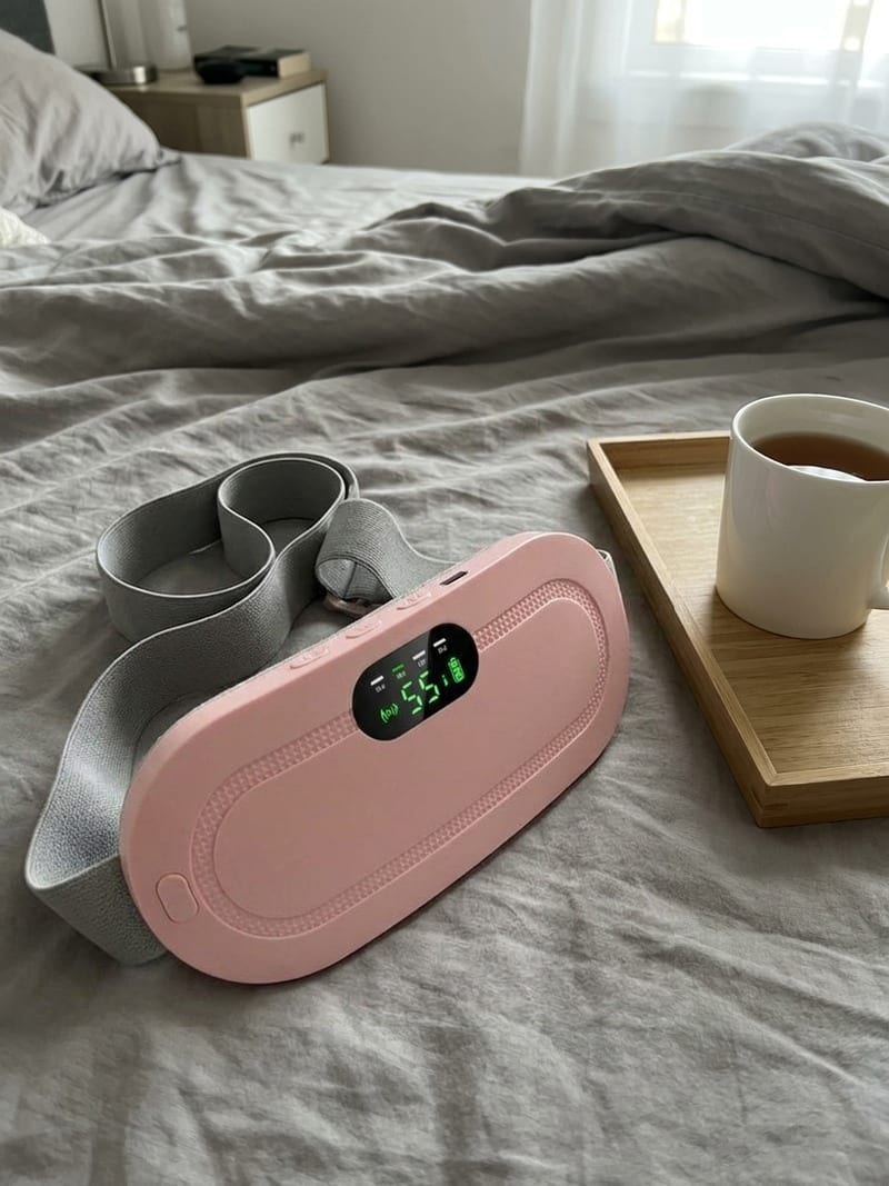 The pink Belliwarm heating belt with its LED screen