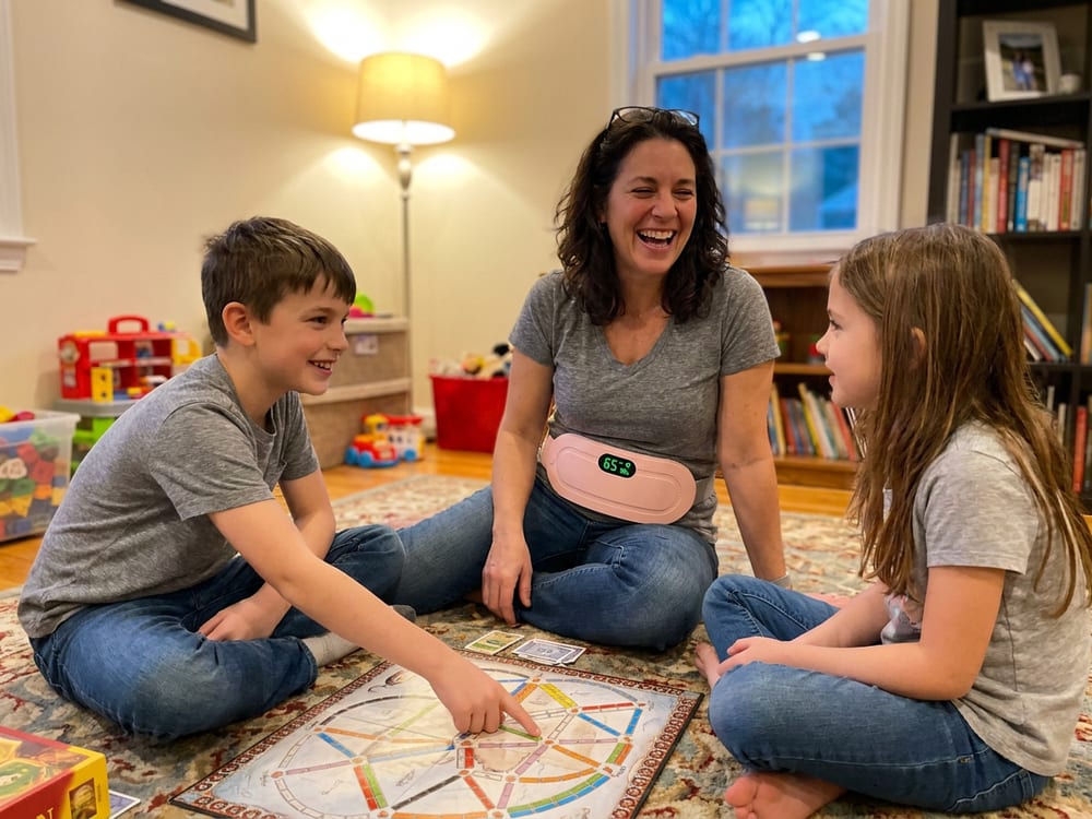 A customer's own photo at home with her kids, the heating belt around her waist