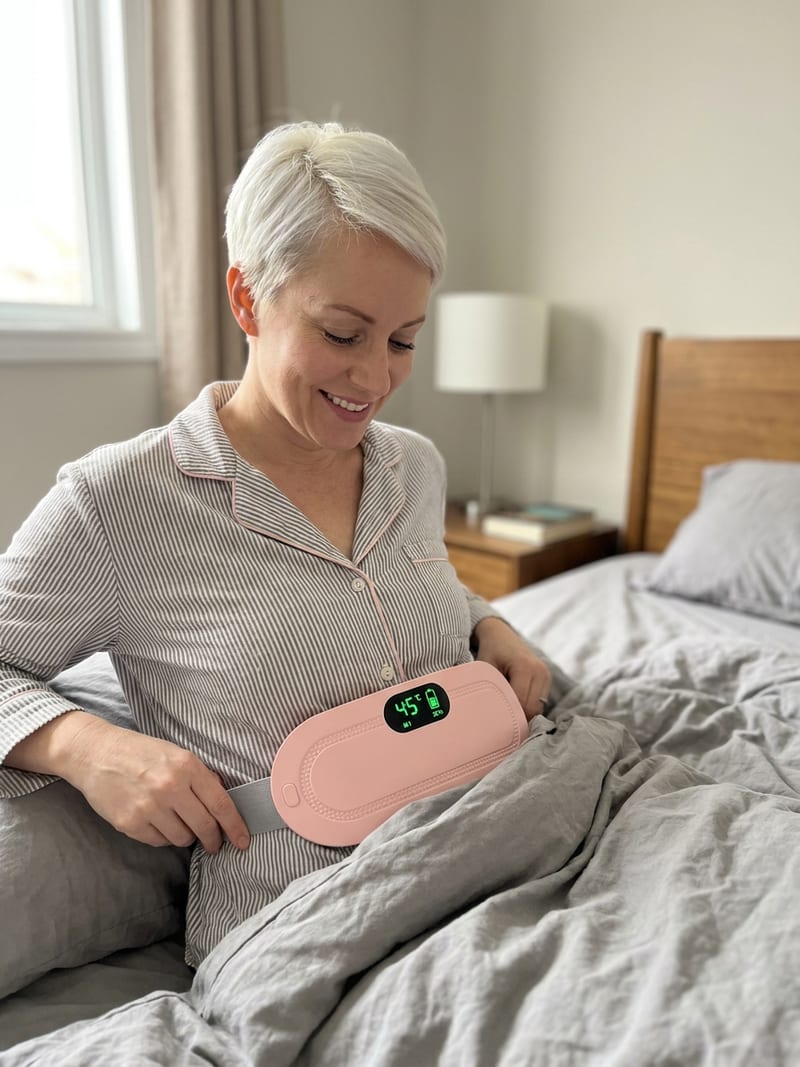 A smiling woman relaxing in bed wearing the heating belt