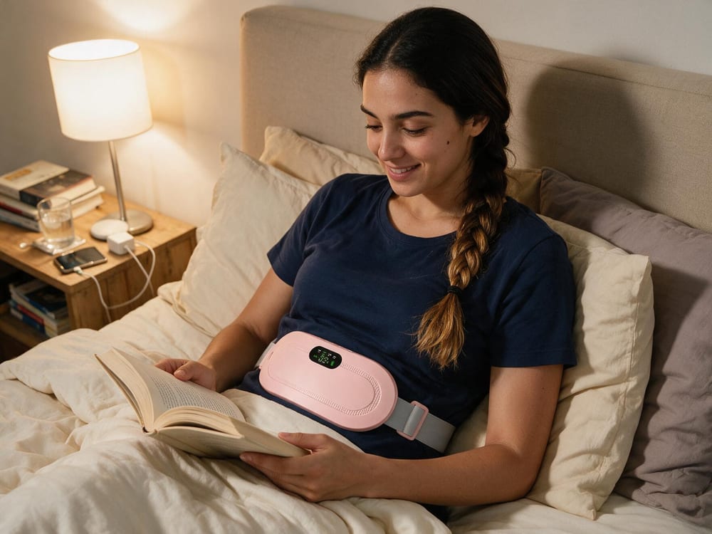A smiling woman relaxing in bed wearing the heating belt