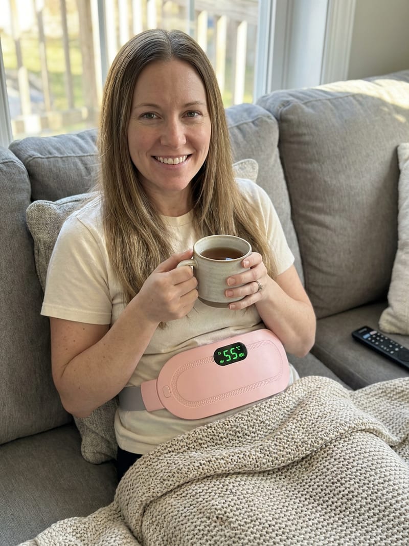 A smiling woman relaxing on her sofa with a mug of tea, the heating belt on
