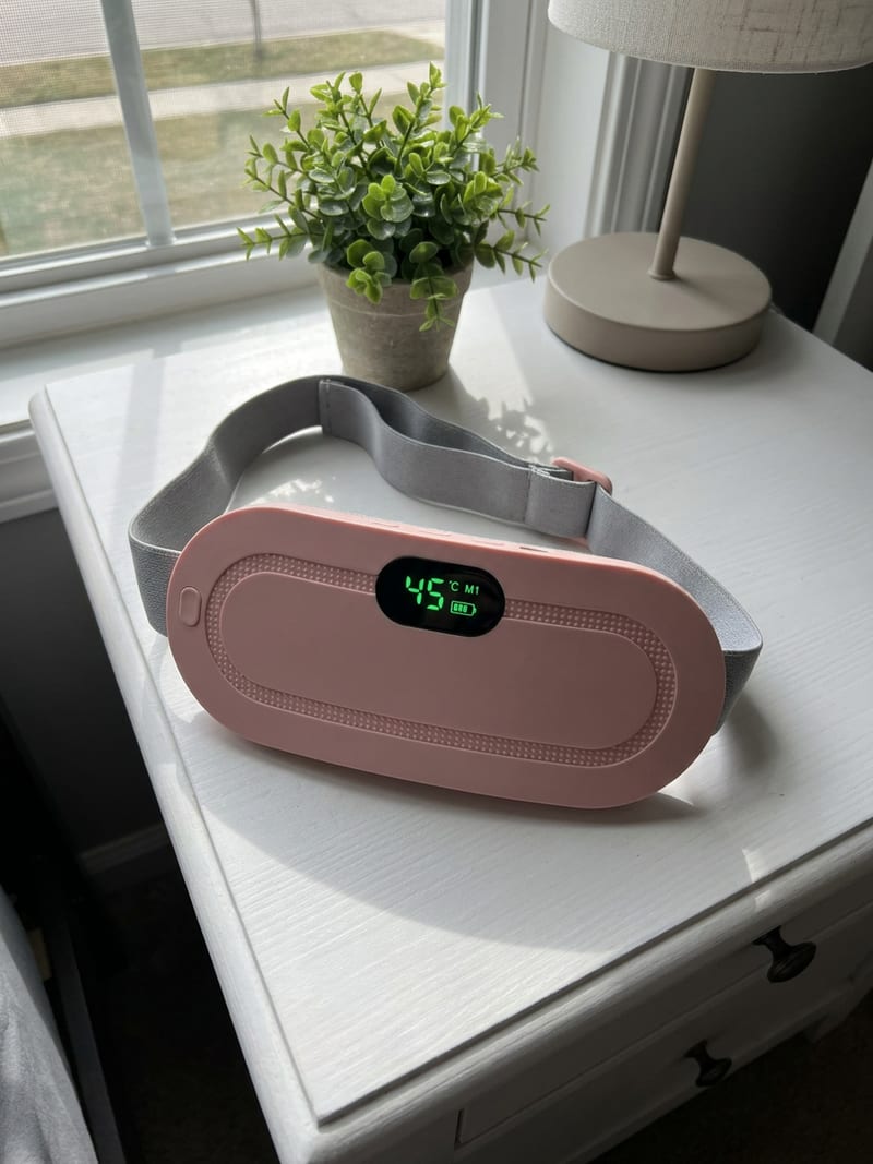 The heating belt on a white nightstand by the window