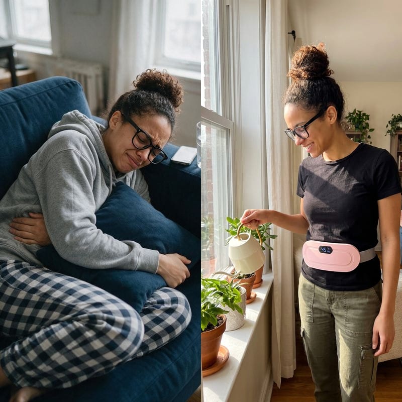 Before and after: a customer with period cramps on the sofa, then relaxed with Belliwarm