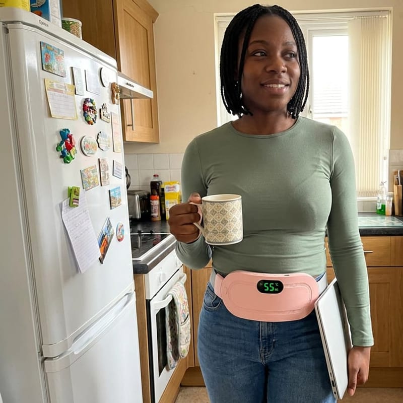 Woman walking around her apartment wearing the belt