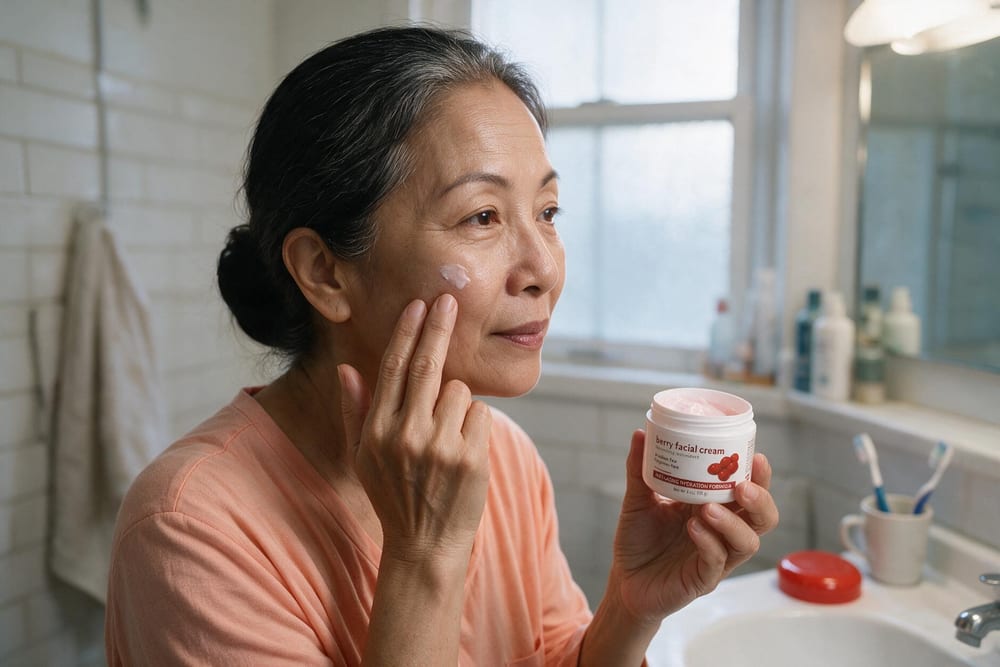 Woman patting Berry Facial Cream onto her cheek