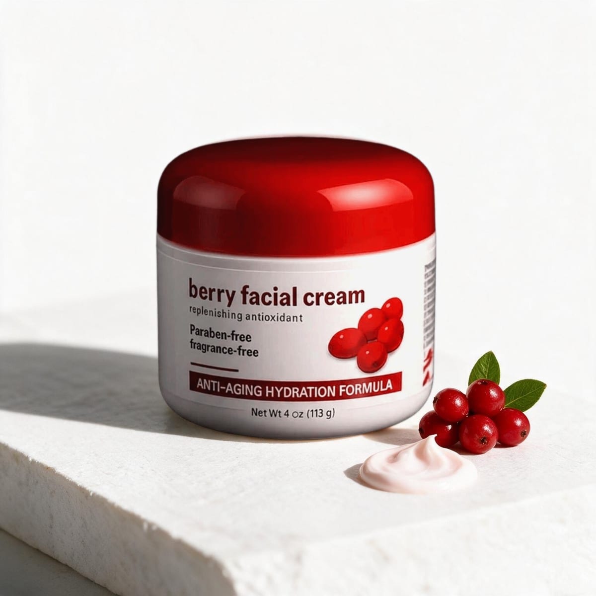 A jar of Berry Facial Cream with fresh red berries on a white surface