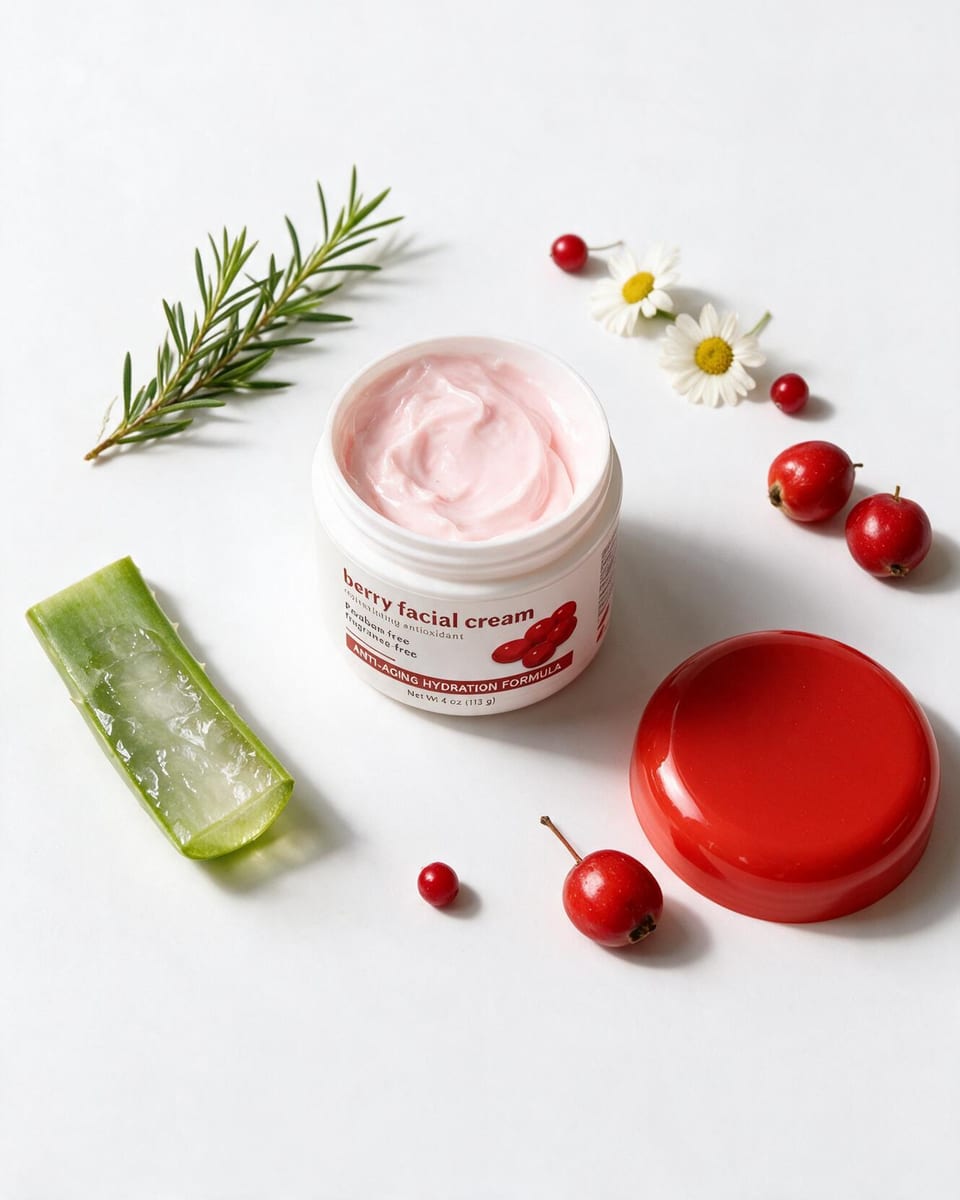 Aloe, tea tree, chamomile and medlar around an open jar of Berry Facial Cream