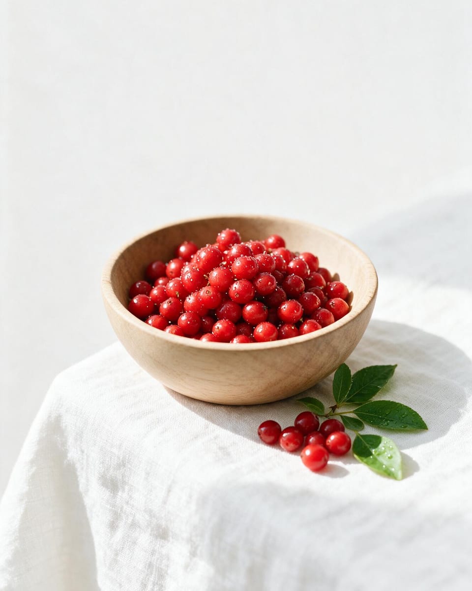 Fresh red berries in a wooden bowl on a linen cloth
