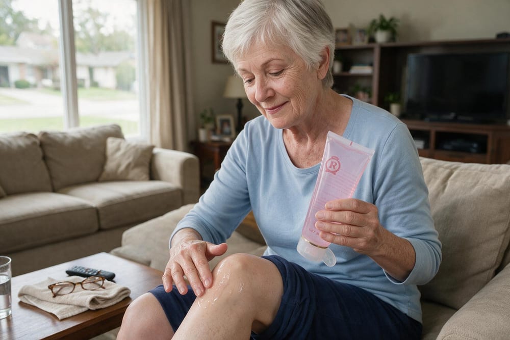 A woman applying a thin layer of clear gel to her knee