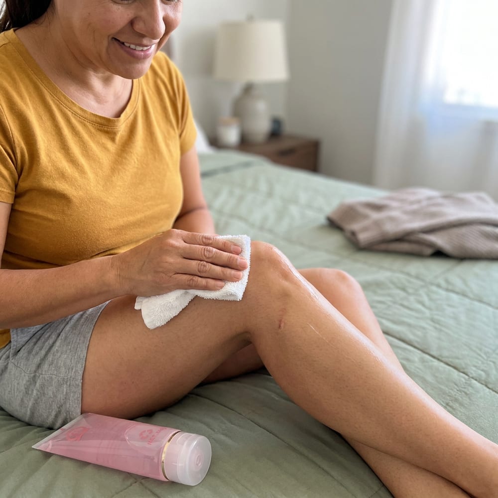 A woman wiping gel off her shoulder with a towel after a session