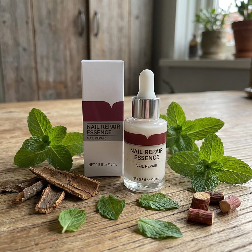 The nail essence dropper bottle and its box among fresh herbs and leaves
