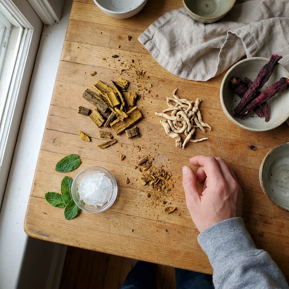 The plant-based ingredients of the essence laid out on a table: Phellodendron bark, Stemona root, arnebia root and fresh mint