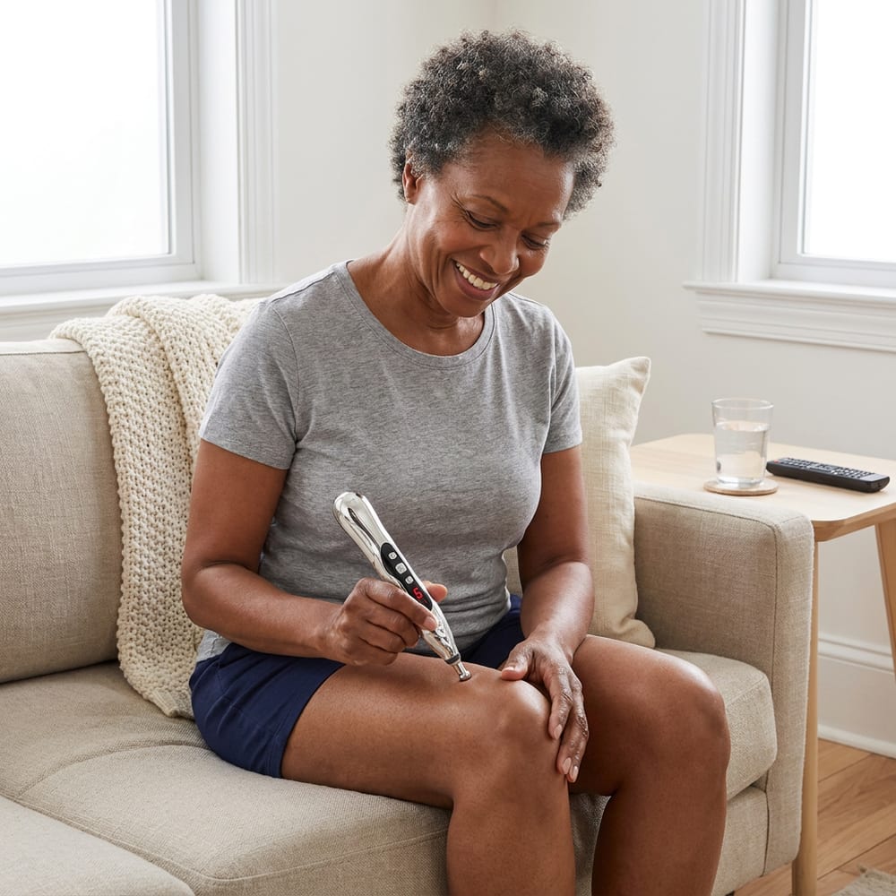 Close-up of the PainFree Device's spherical head pressed on a sore knee, its red display lit