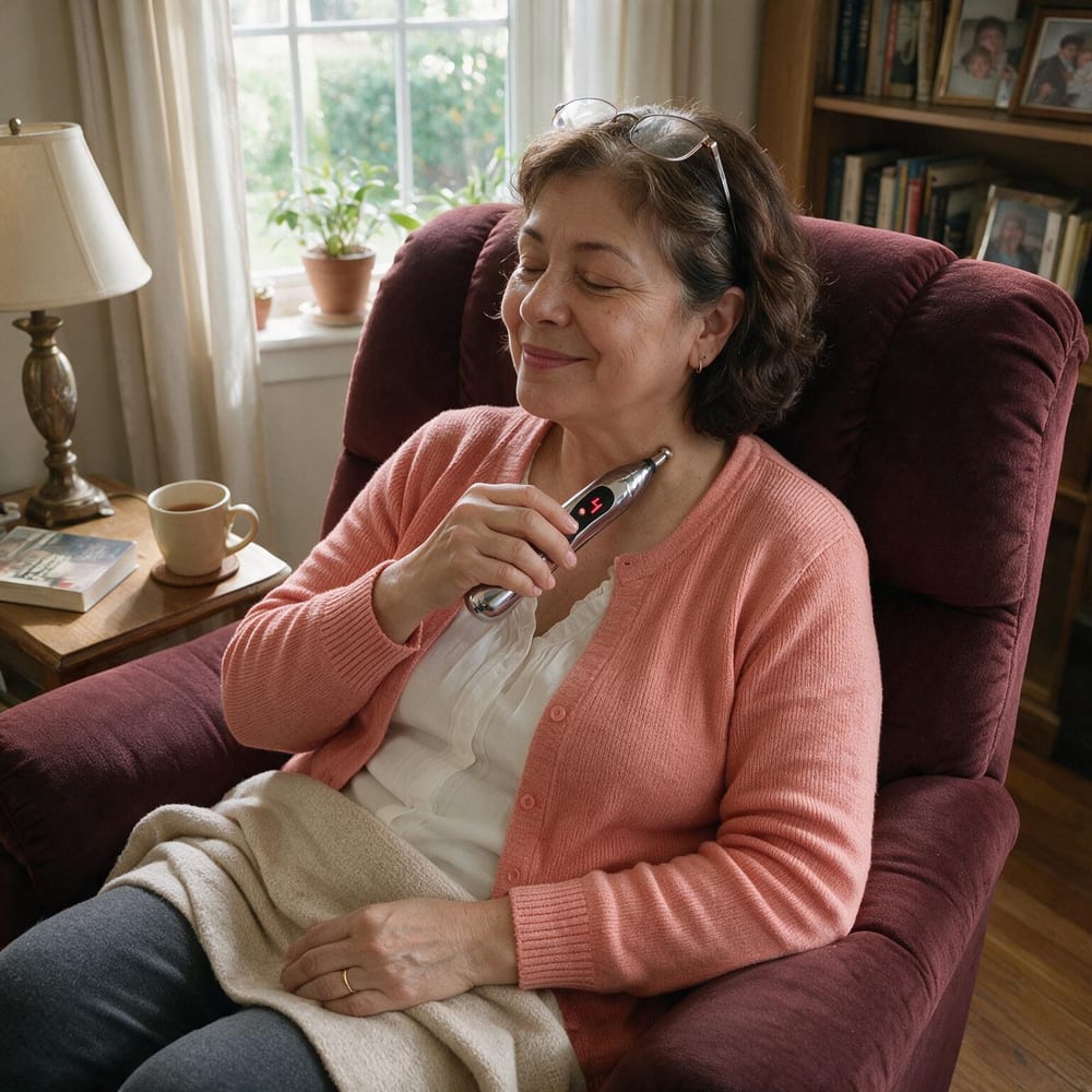 Linda M. sitting in her recliner at home using the PainFree Device on her neck
