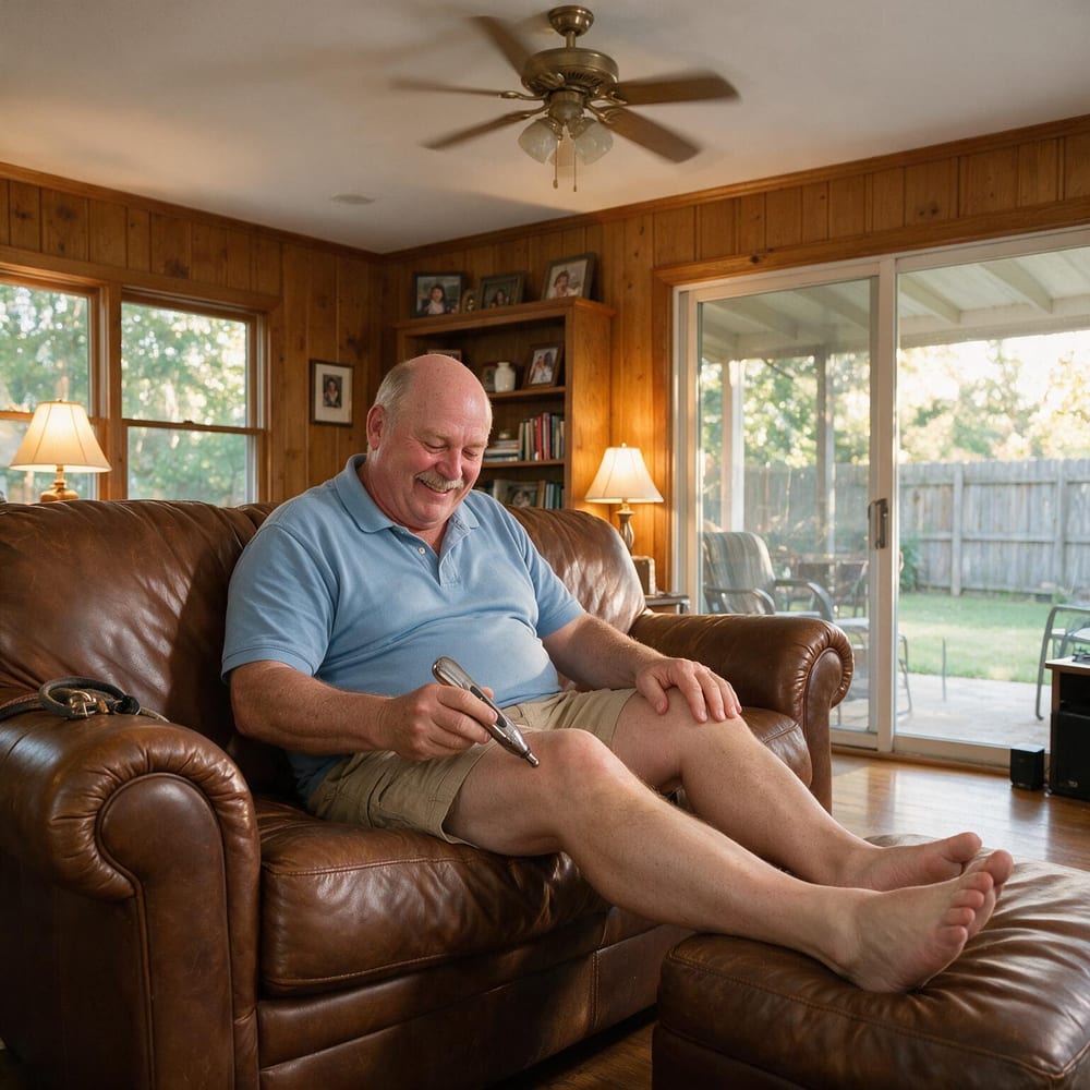 Paul H. relaxing on his sofa while using the PainFree Device on his knee