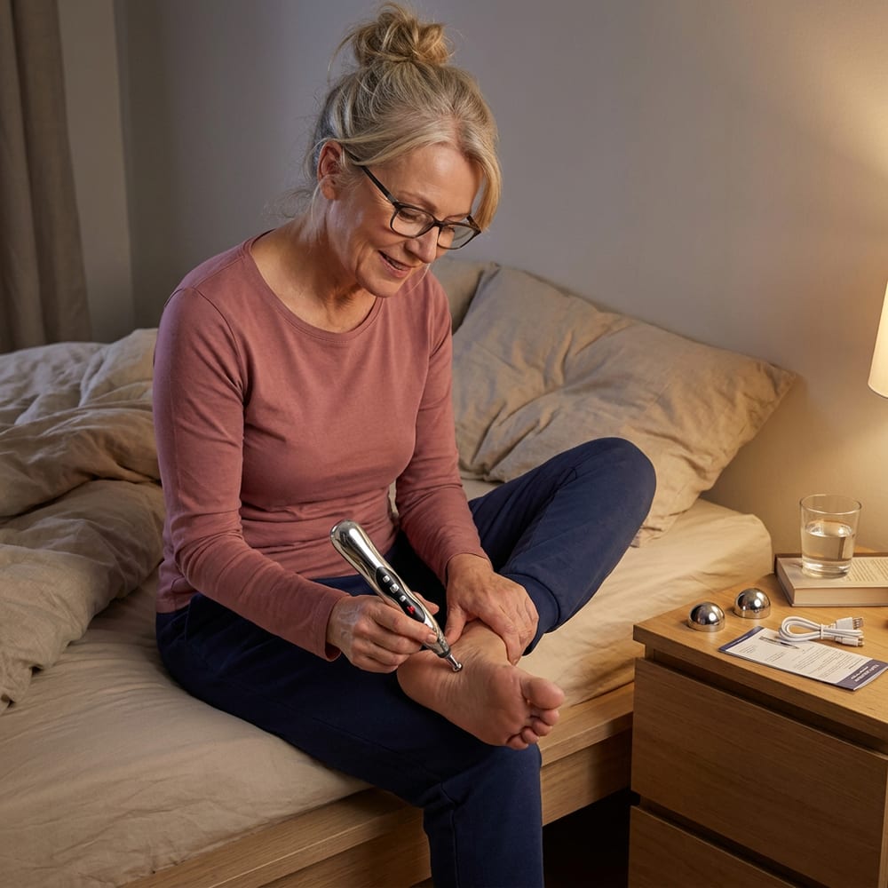 Woman sitting on her bed at night using the PainFree Device on the sole of her foot, with the spare head, USB cable and point chart on the bedside table