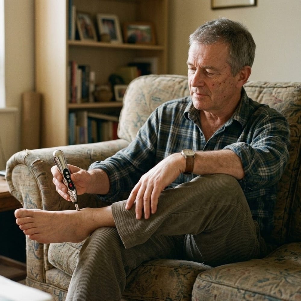 Older man on his sofa using the PainFree Device on his foot