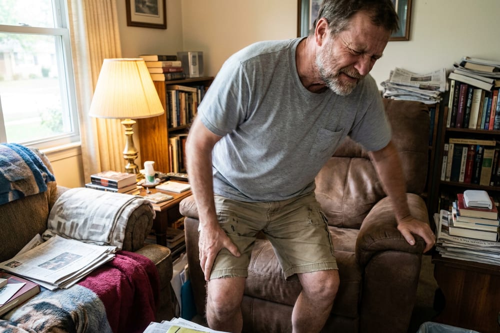Man holding his stiff, aching knee while getting up from a chair