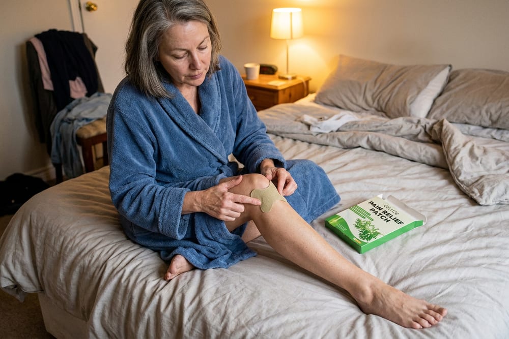 Woman pressing a ReliefPatch onto her knee