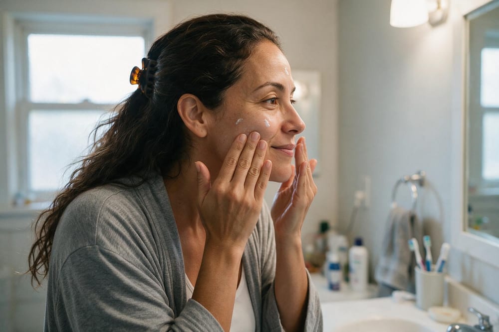 Woman smoothing Berry Facial Cream onto her face